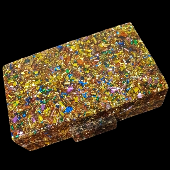 Abstract Glitter Hard Acrylic Clutch Bag Confetti Box Purse Gold Multi Crossbody